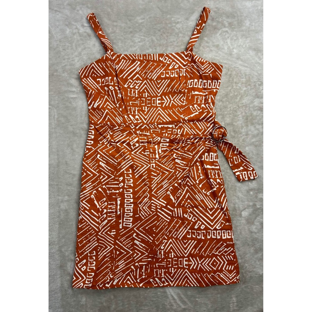 Forever 21 Burnt Orange Geometric Tribal Print Linen Blend Mini Wrap Dress S